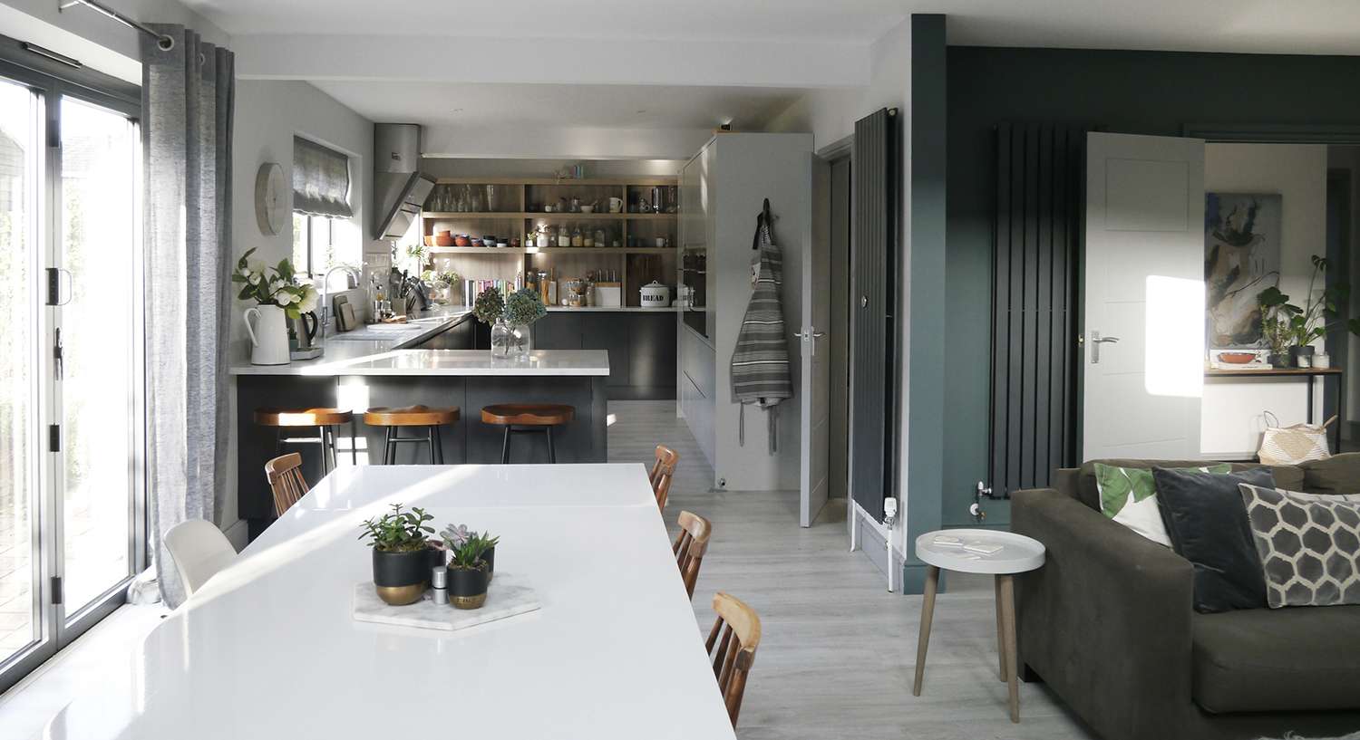 Open plan kitchen with CRL Quartz Verona worktops